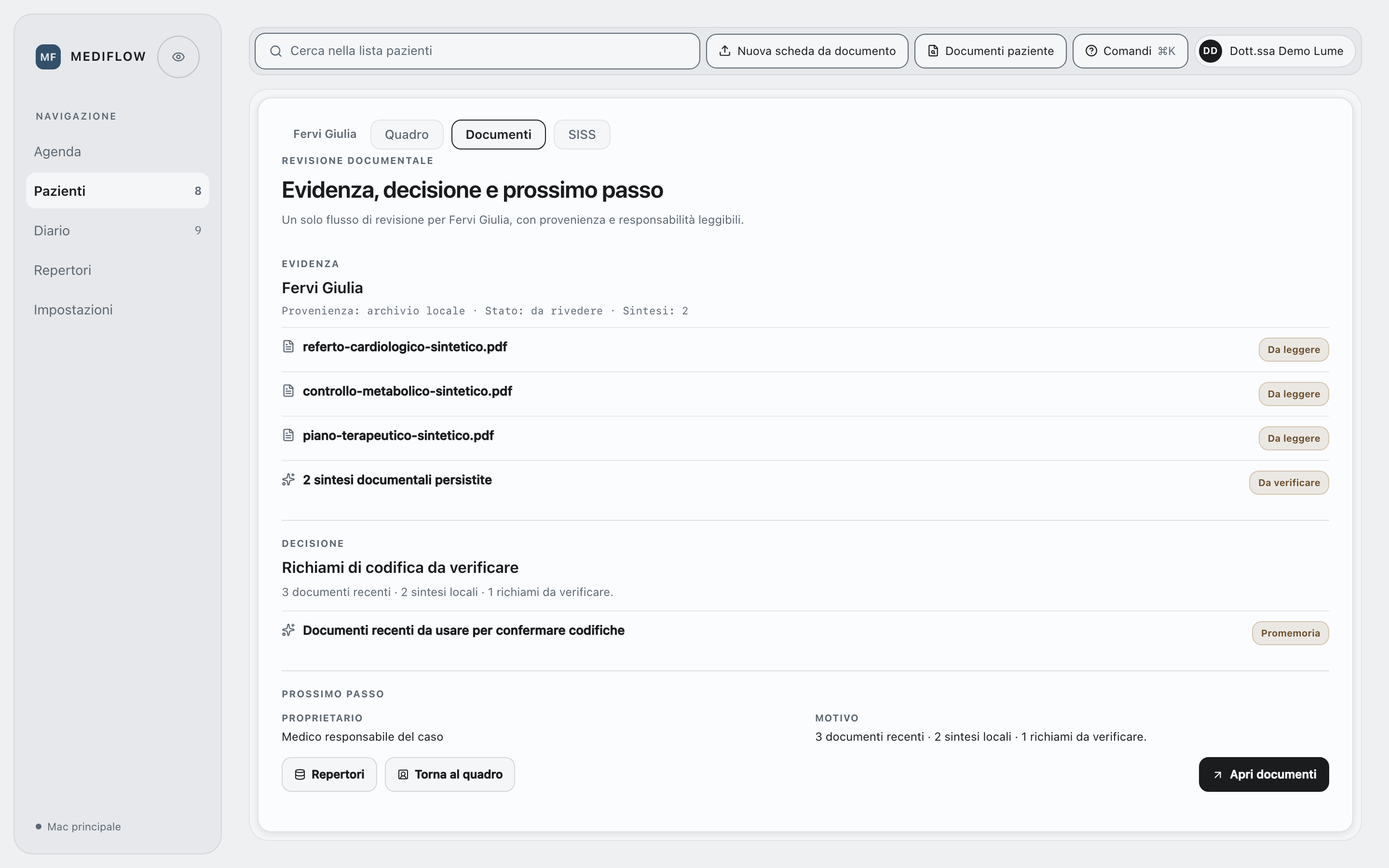 Documenti, provenienza e passaggi da rivedere. Le sintesi mostrate sono fixture dimostrative, non risultati AI live.