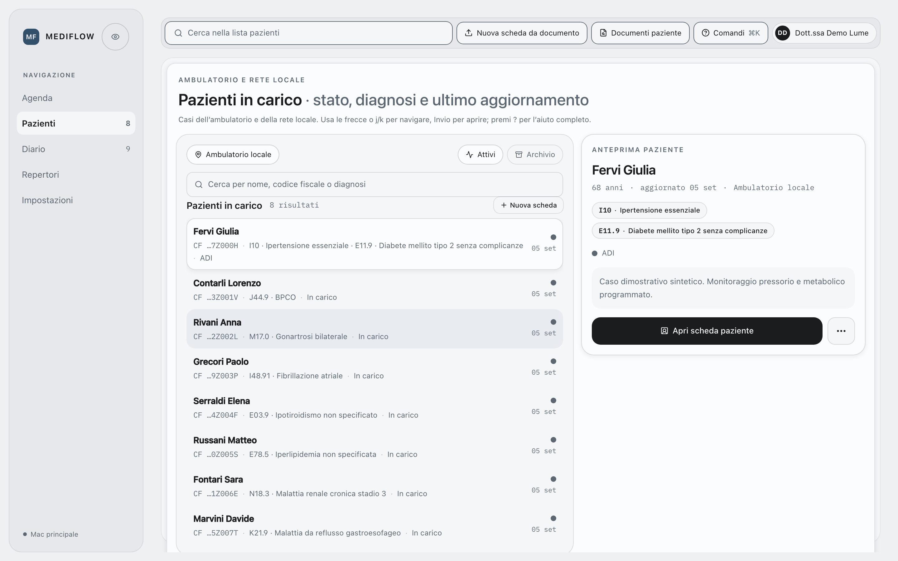 MediFlow: elenco dei pazienti e anteprima della cartella, con dati sintetici